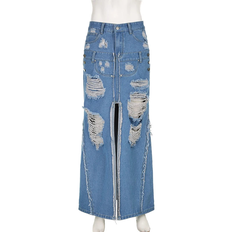 Denim Blue Tassels Pockets Skirt