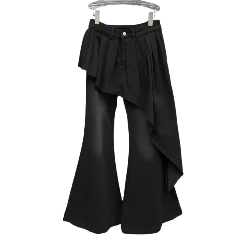 Irregular Skirt Fake 2 Pcs Denim Flare Pants