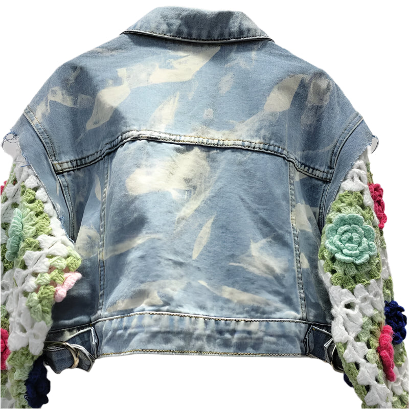 Denim Patchwork Knitted Flowers Sleeve Pocket Short Jacket