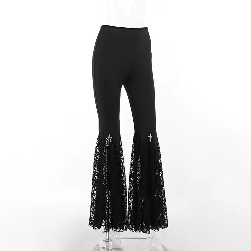 Goth Flare Black Lace Patchwork High Waist Pants