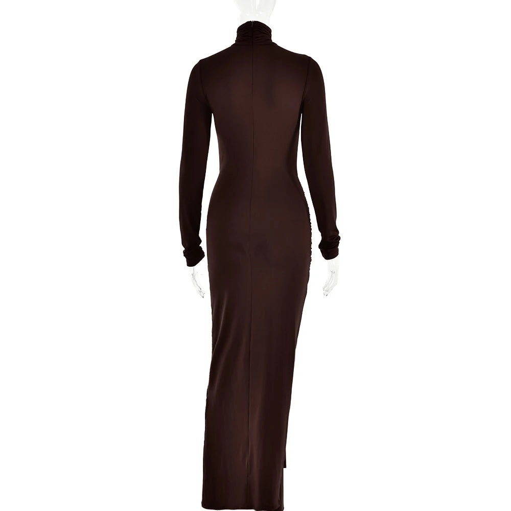 High Neck Long Sleeve Tight Elastic Lace Up Maxi Long Dress