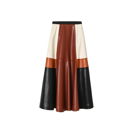 Color Block Patchwork Soft Pu Leather Skirt