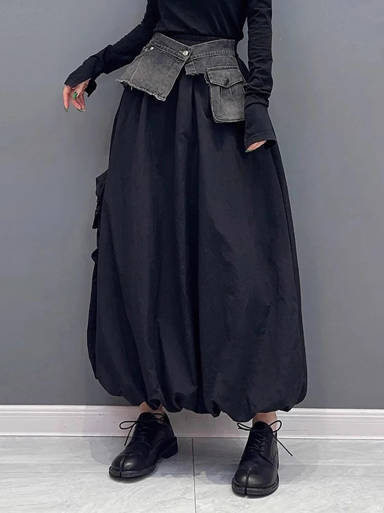 High Elastic Waist Apricot Denim A-line Skirt