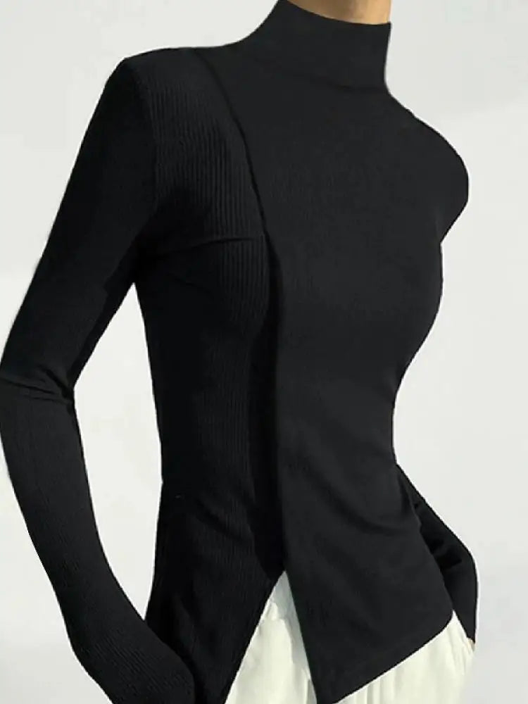 Turtleneck Long Sleeves Split-Joint T-Shirts