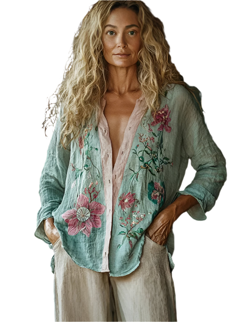 Floral Printed V-Neck Long Sleeve Bohemian Blouse