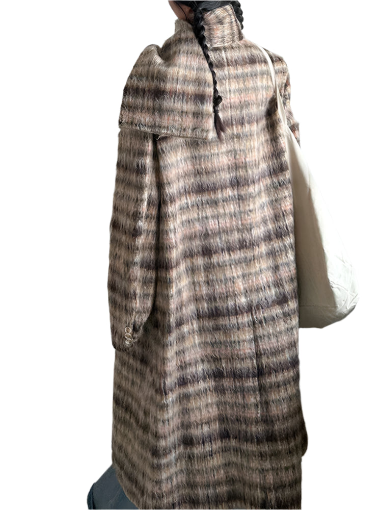 Khaki Plaid With Scarf Long Wool Coat