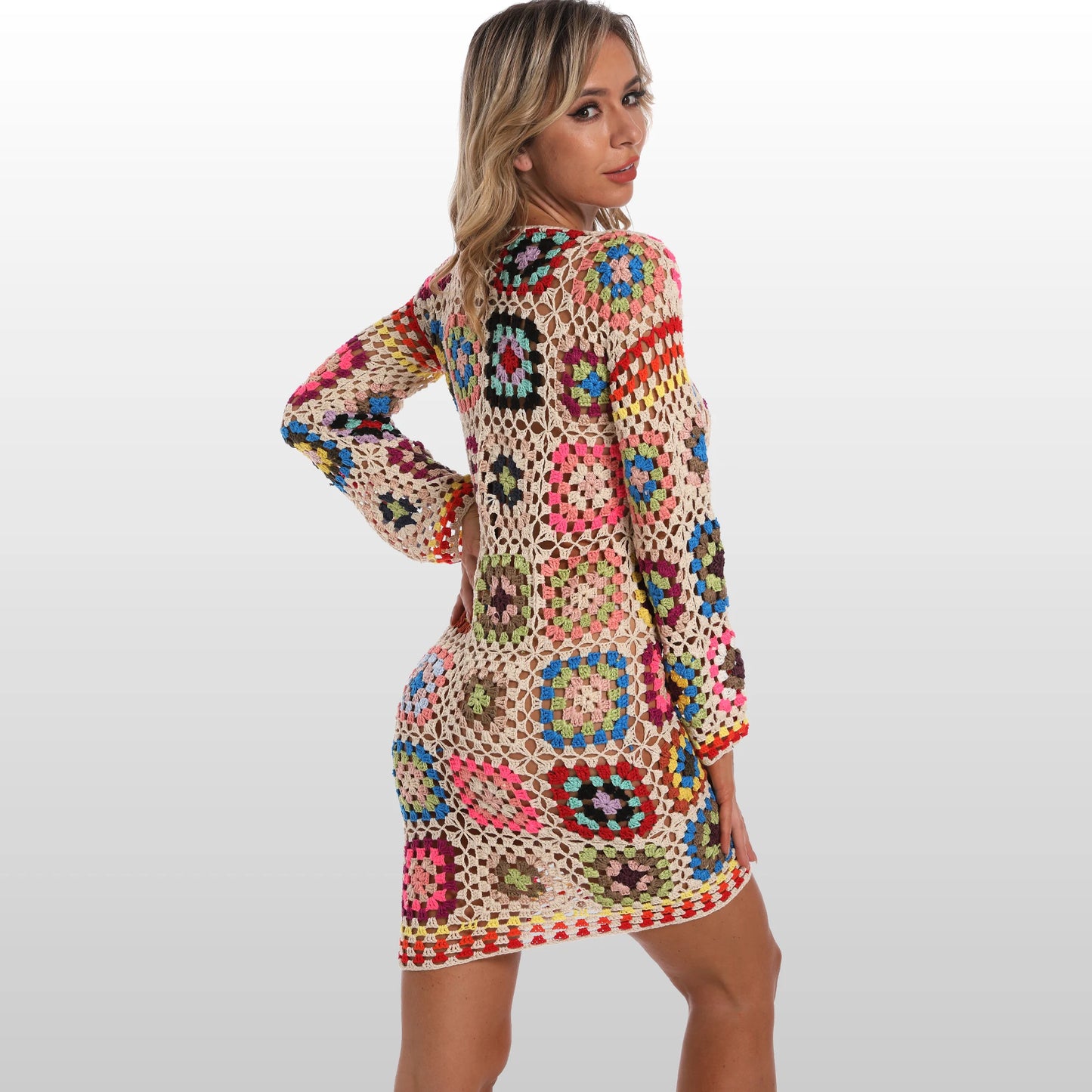 Long Sleeve Granny Square Hand Crochet Dress