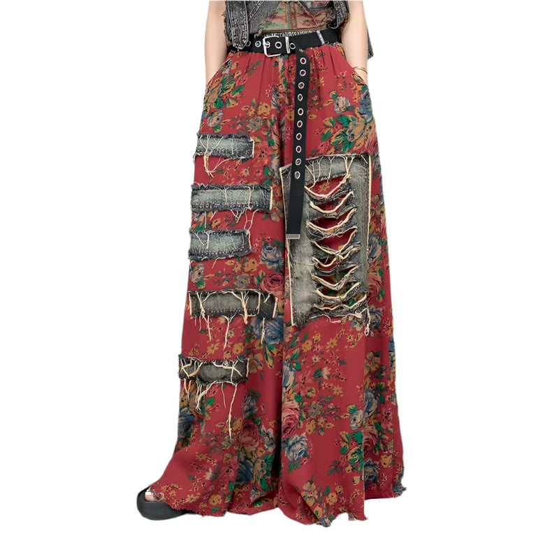 Printed Denim Suspender Vest + Wide Leg Pants Set