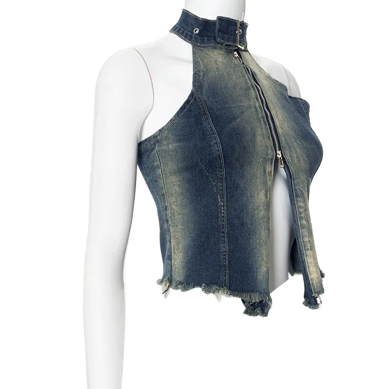 Sleeveless Halter Turtleneck Denim Tank Top