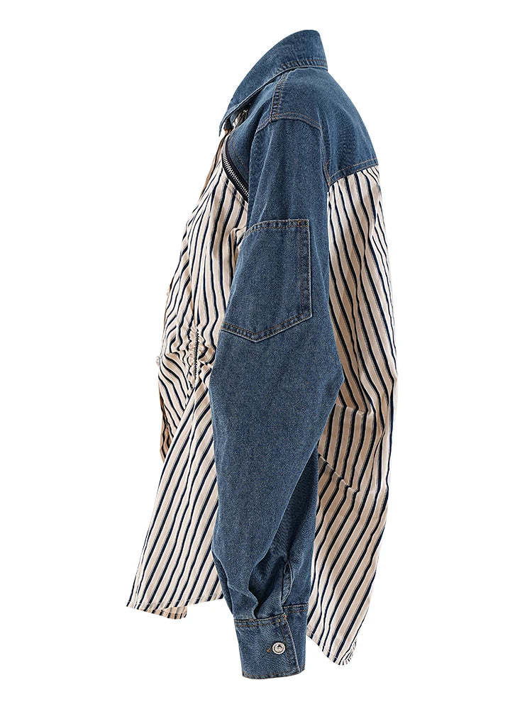 Stripe Denim Shoulder Zipper Shirts