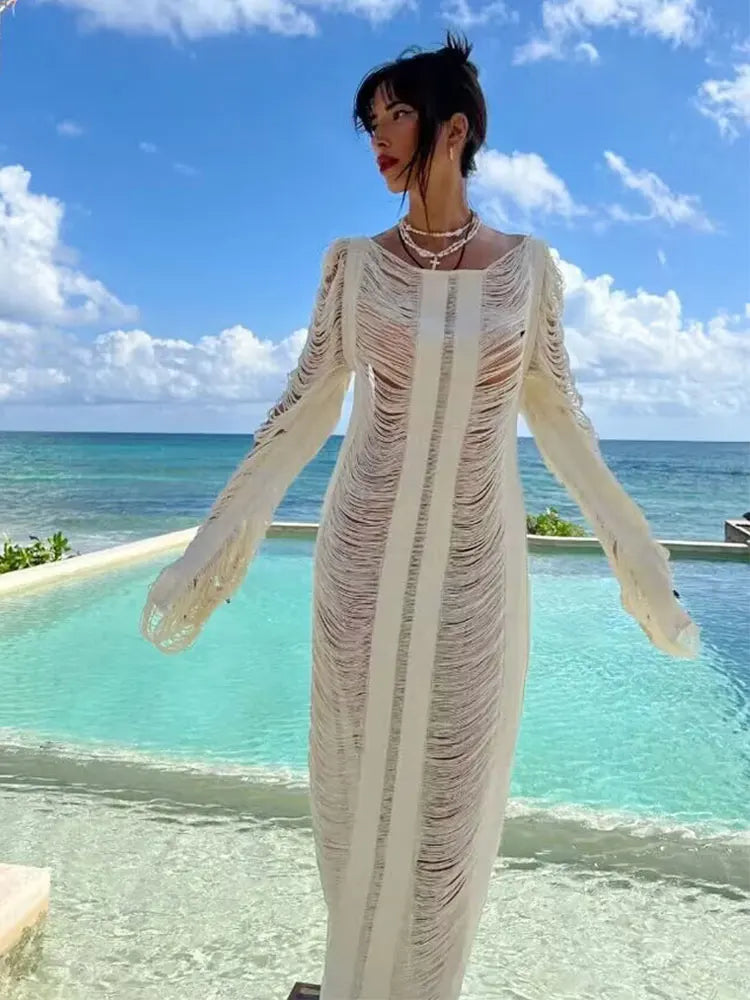 White Knitted Fringe Beach Maxi Dress