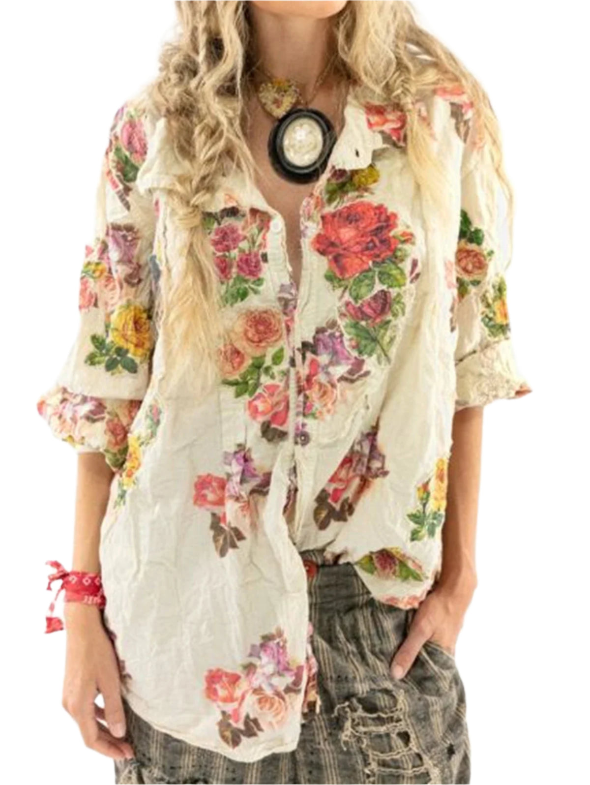 Floral Turn-down Collar Long Sleeve Loose Blouse