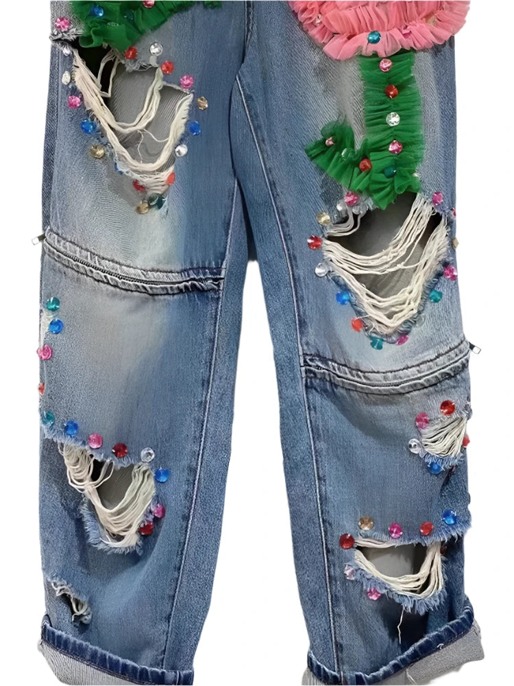 Embroidered Cut Out 3d Pleated Lace Flowers Denim Pants