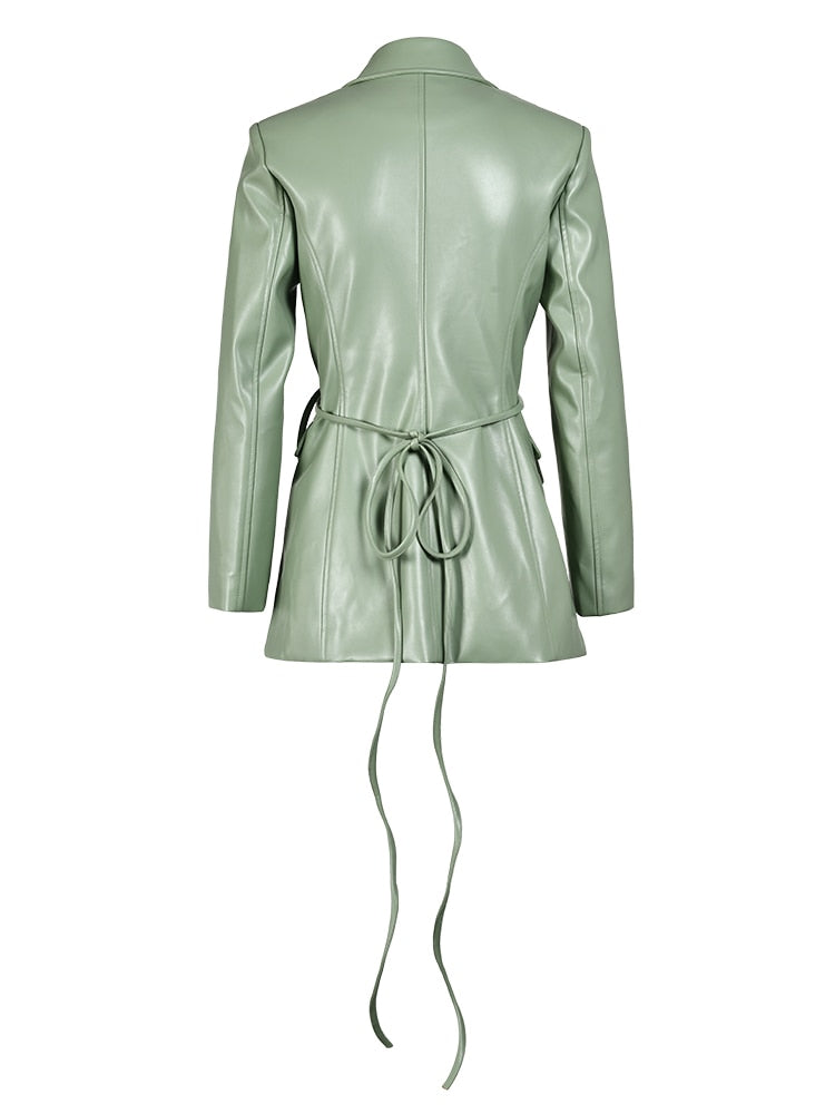 Faux Deconstruction Cross Lace Up Waist Long Sleeve Green Coat