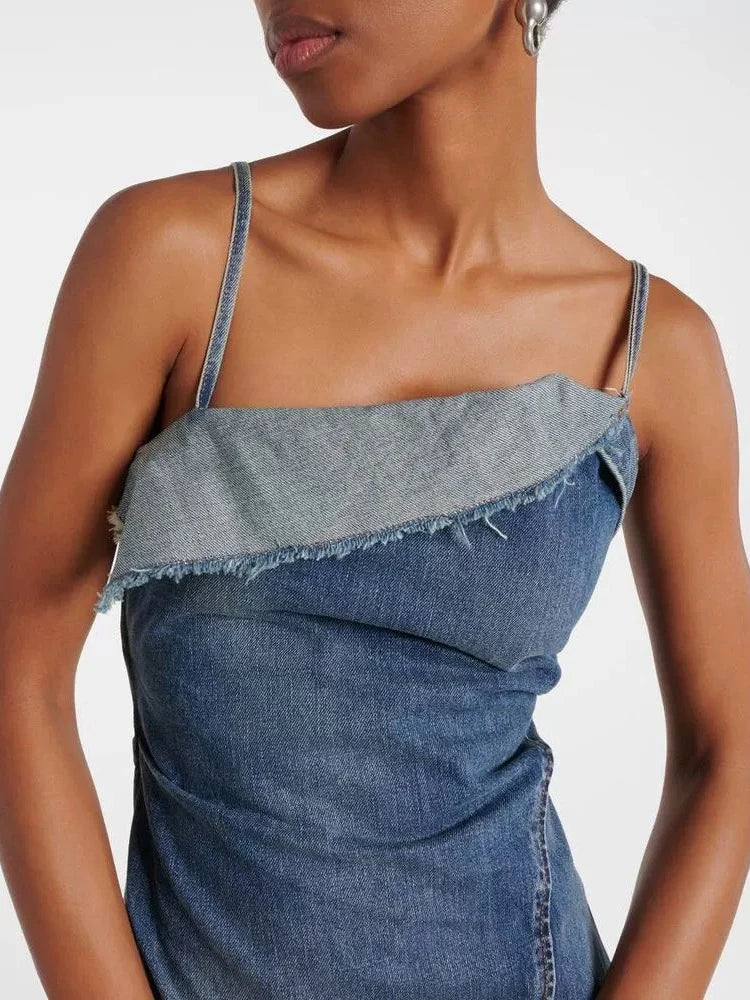 Denim Irregular Ruffled Backless Halter Dress