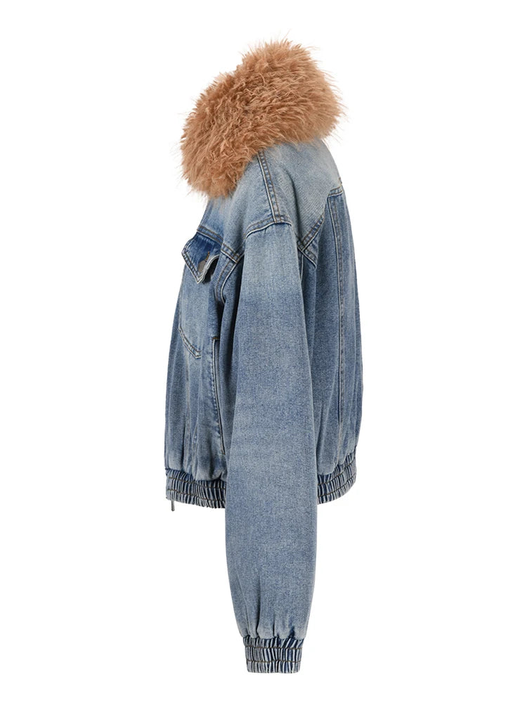 Faux Fur Collar Denim Double Zipper Long Sleeve Thick Warm Short Coat