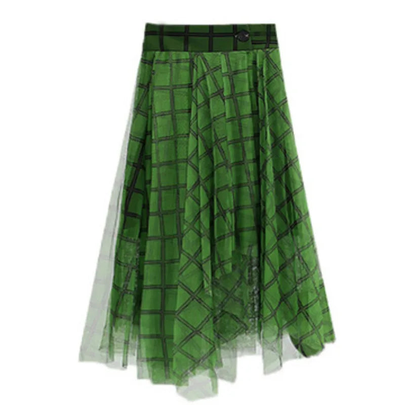 Green Plaid Print Asymmetric Elastic Waist A-line Mid-calf Skirt