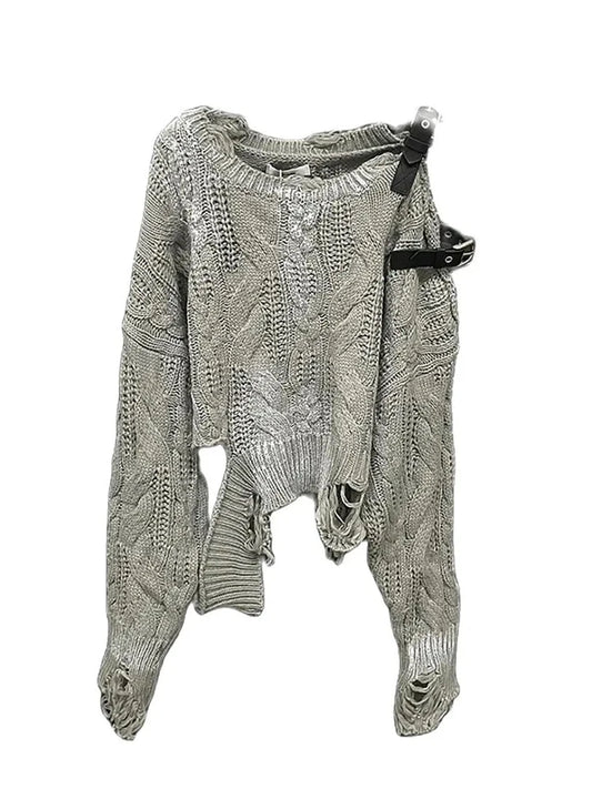 Irregular Pu Buckle Long Sleeve Off Shoulder Pullover Sweater