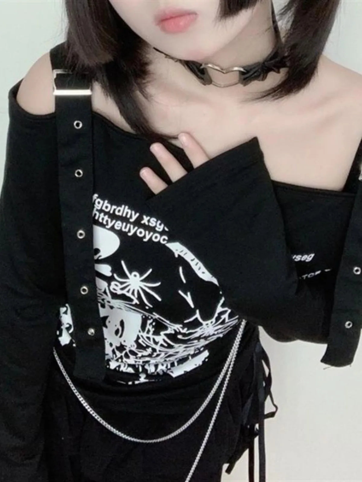 Goth Punk Off Shoulder Long Sleeve Long Shirt