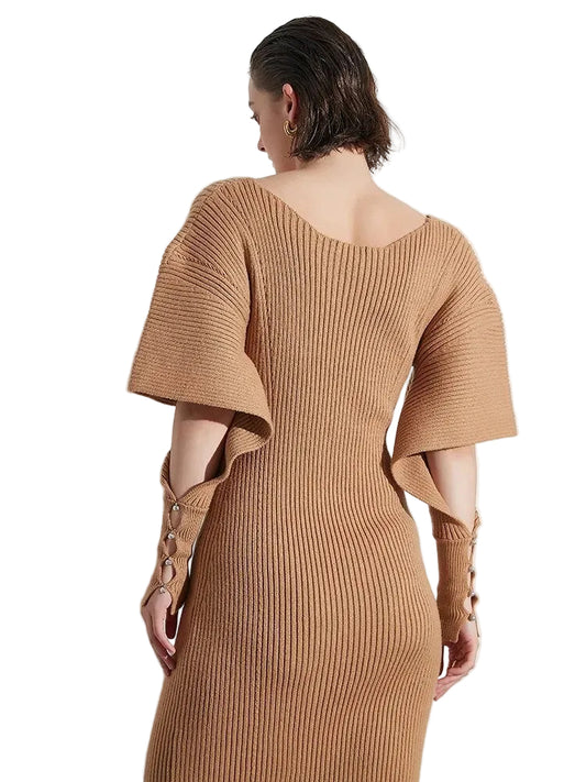 Cut Out V Neck Long Sleeve Pullover Knit Dress - Bosom Blouse