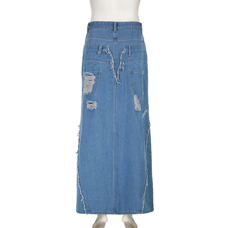 Denim Blue Tassels Pockets Skirt