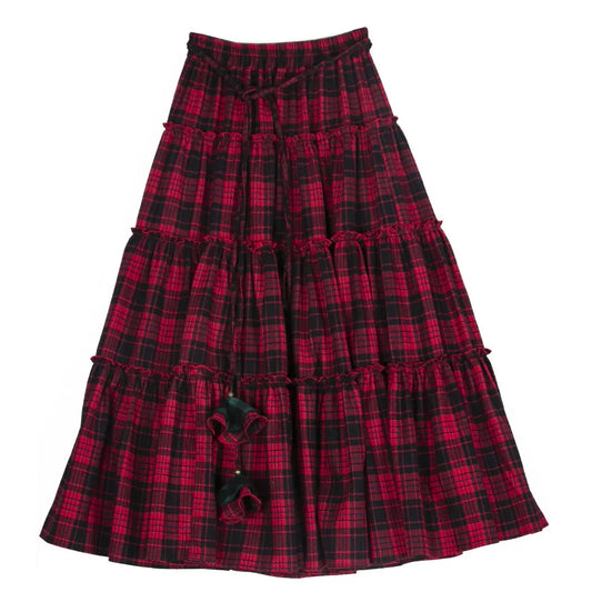 Cotton Skirts Plaid A-line Elastic Waist Irregular Skirt