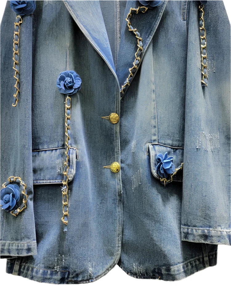 Denim Patchwork Flower Gold Chains Blazer