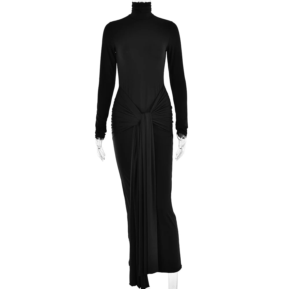 High Neck Long Sleeve Tight Elastic Lace Up Maxi Long Dress