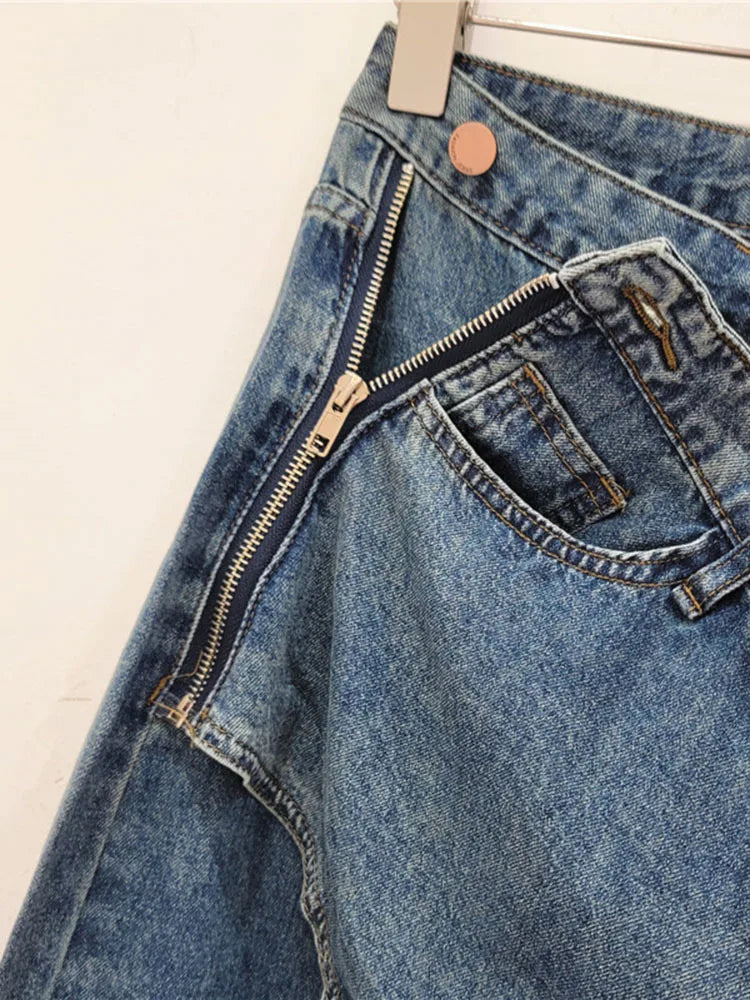 Irregular Zipper High Waist Straight Denim Pants