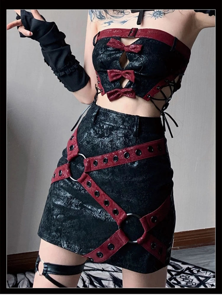 Red and Black Patchwork Pu Leather Mini Skirt