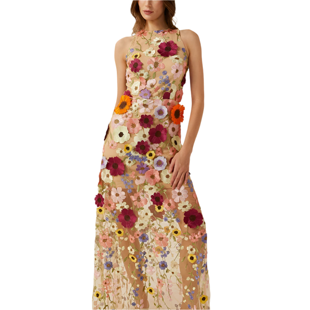 Patchwork Floral Sleeveless Mesh Dress