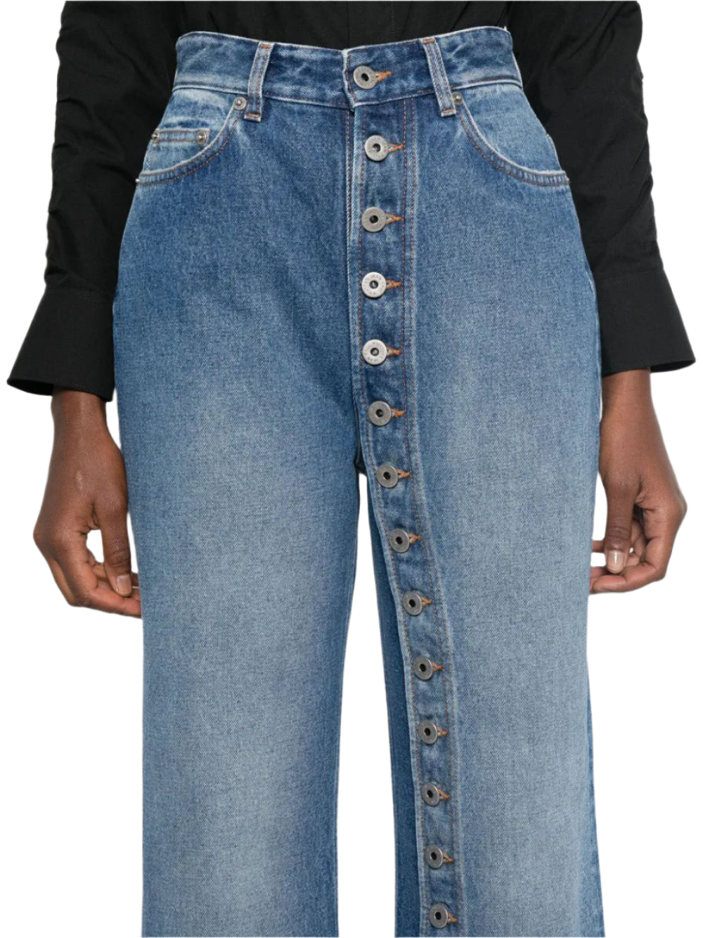 Multi Button Straight Leg Denim Pants