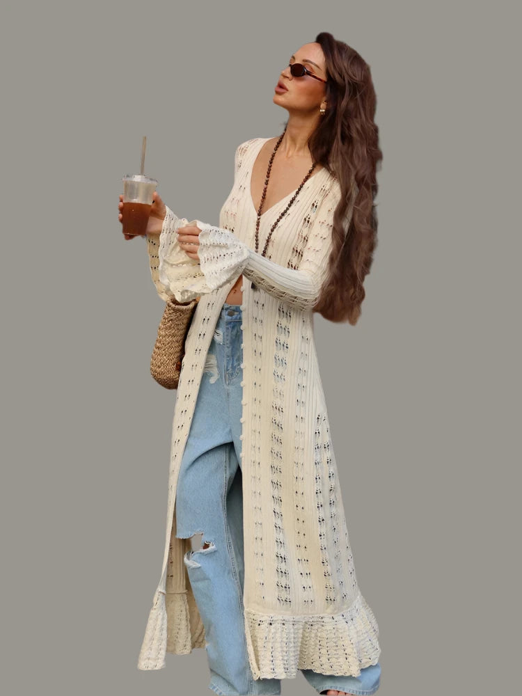 Knitted Long Sleeve Long Flare Dress