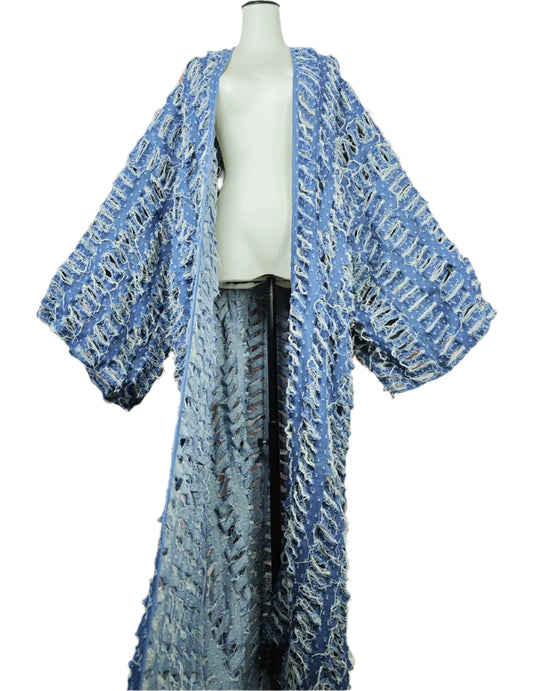 Cut Out Denim Long Kimono Coat