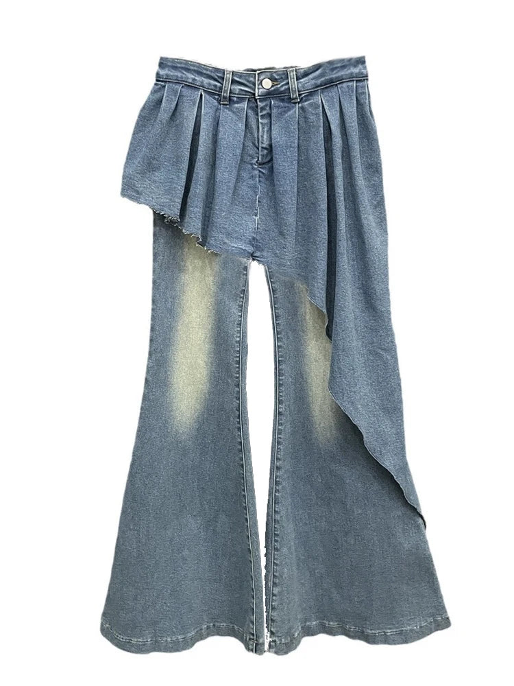 Irregular Skirt Fake 2 Pcs Denim Flare Pants