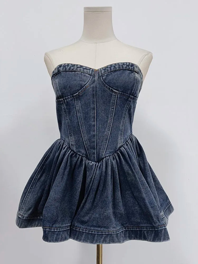 Ruffles Denim Strapless Sleeveless Tank Top