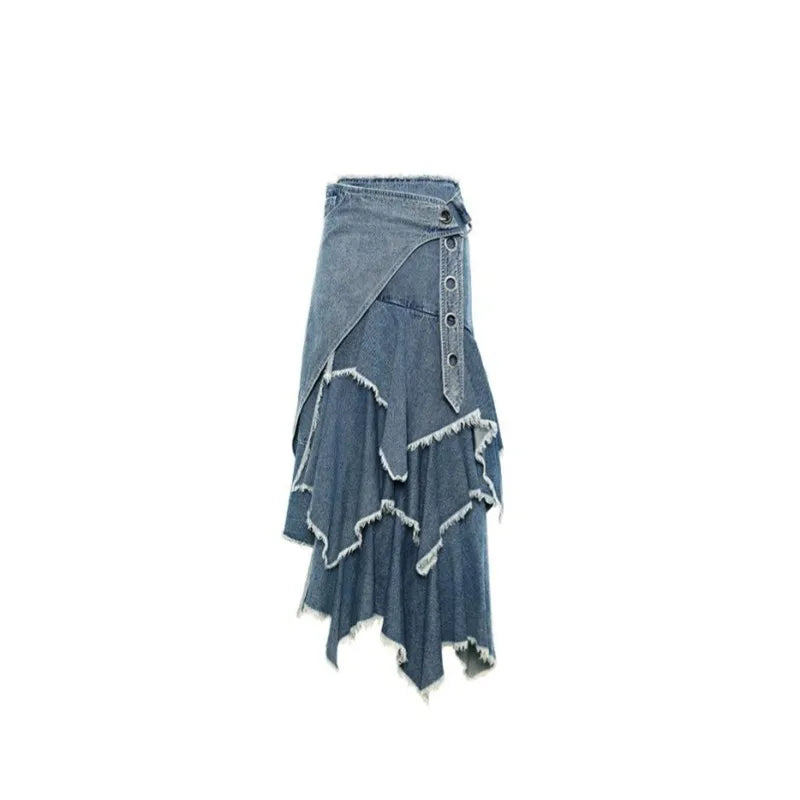 Long Maxi Bohemian Fish Tail Layer Denim Tassels Skirt