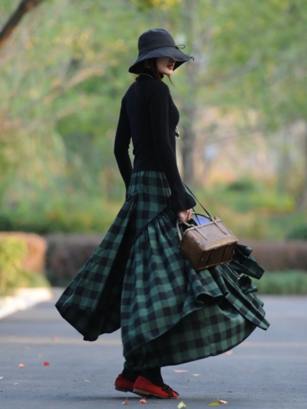 Cotton Thick Elastic Waist A-Line Plaid Green Skirt