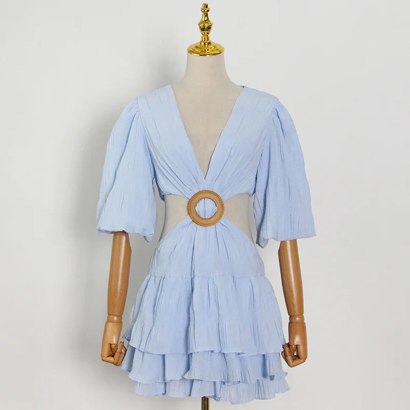 V Neck Lantern Half Sleeve Cut Out High Waist Mini Dress