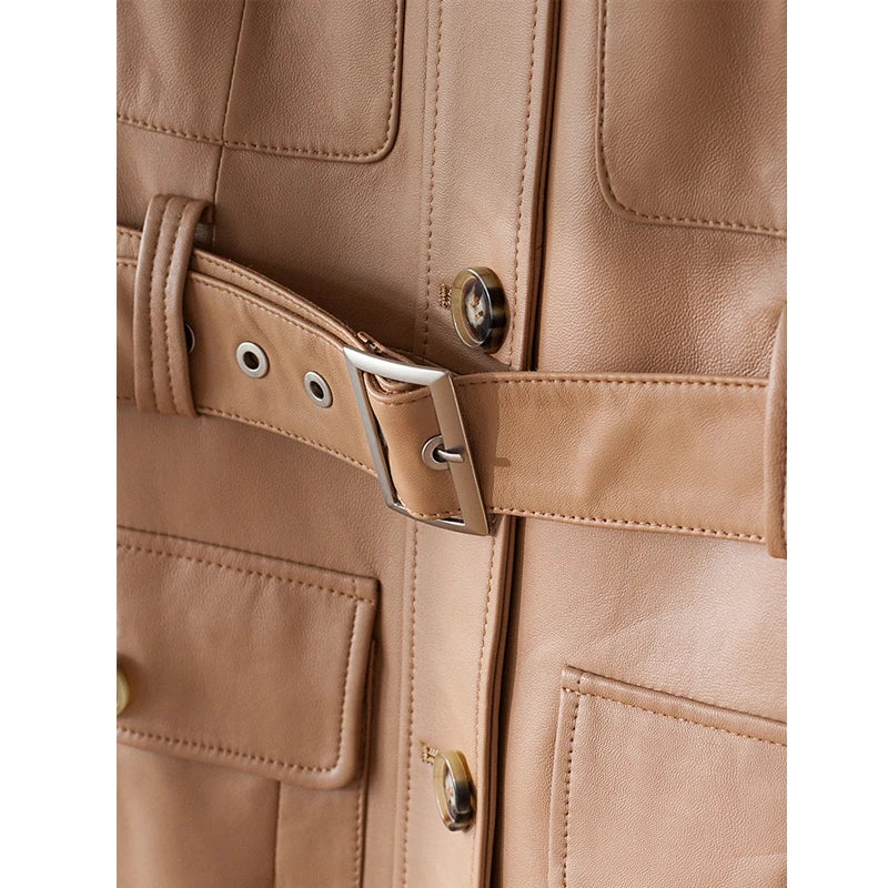 Genuine Leather Multiple Pocket Belt Jacket