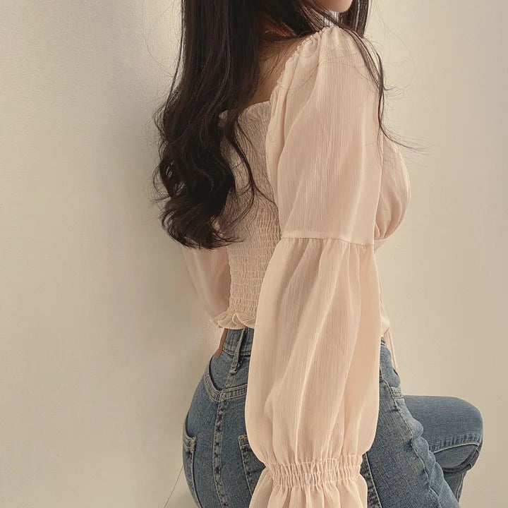 Chiffon Square Collar Lace Up Flare Sleeve Blouse