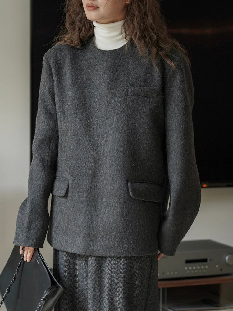 Round-neck Long Sleeve Woolen Jacket