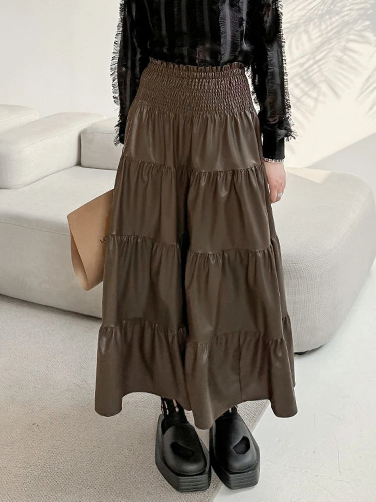 High Elastic Waist Coffee Pu Leather Pleated Long Skirt