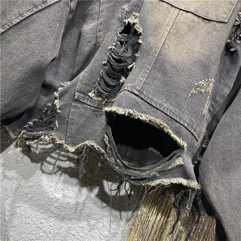 Denim Distressed Hand Frayed Patch Short Coat Jacket