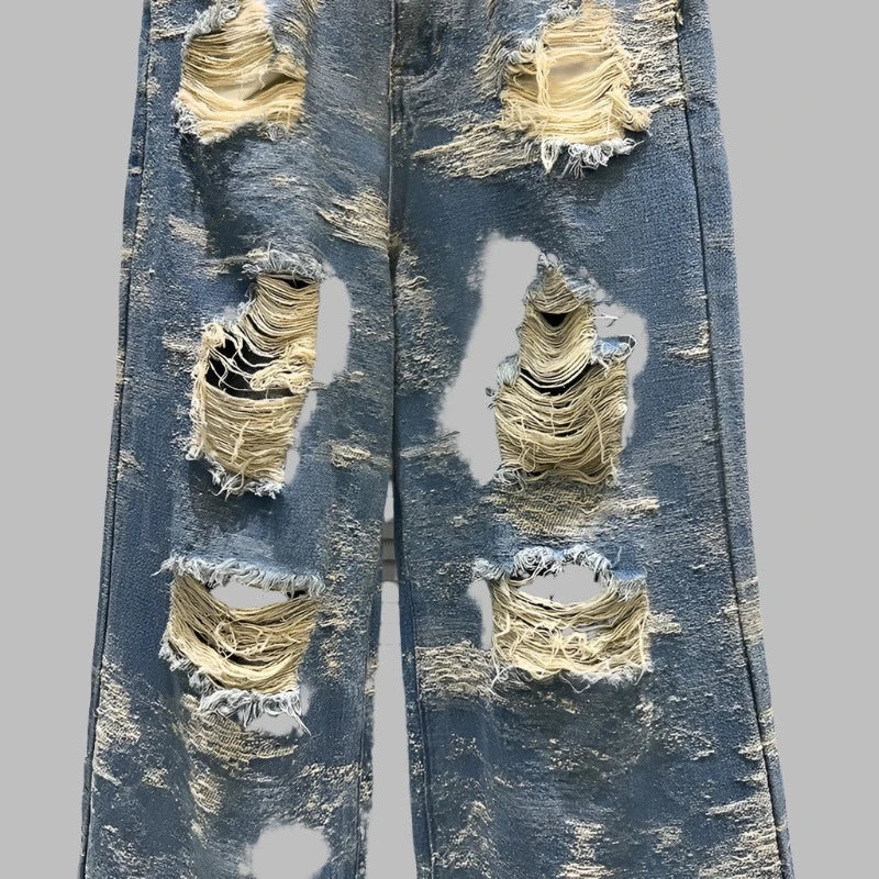 High Waist Broken Holes Distressed Wide Leg Denim Pants