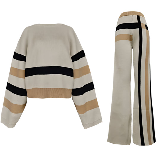 2 Piece Round-Neck Pullover Khaki Sweater Striped Wide Leg Pants