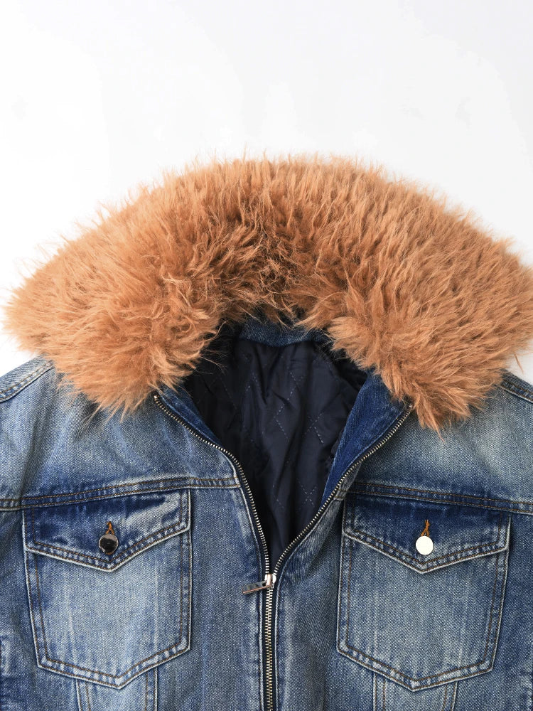 Faux Fur Collar Denim Double Zipper Long Sleeve Thick Warm Short Coat