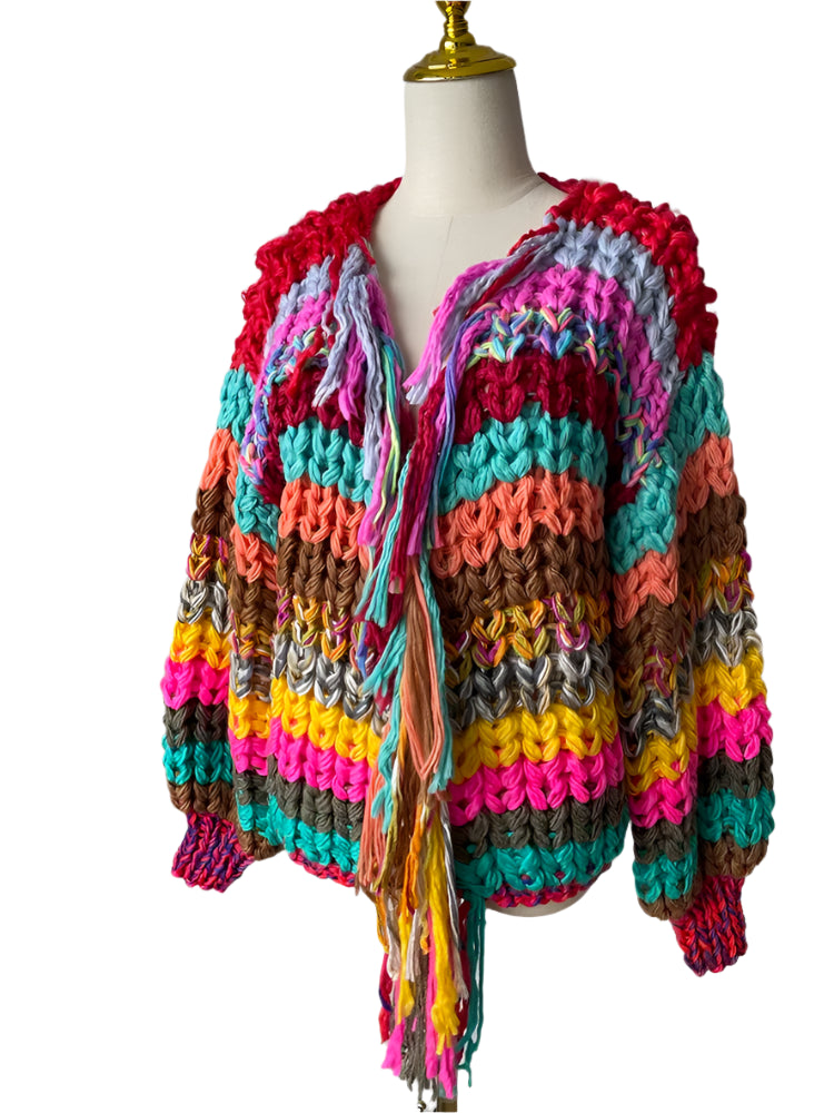 Rainbow Color Tassel Chunky Knit Handmade Sweater