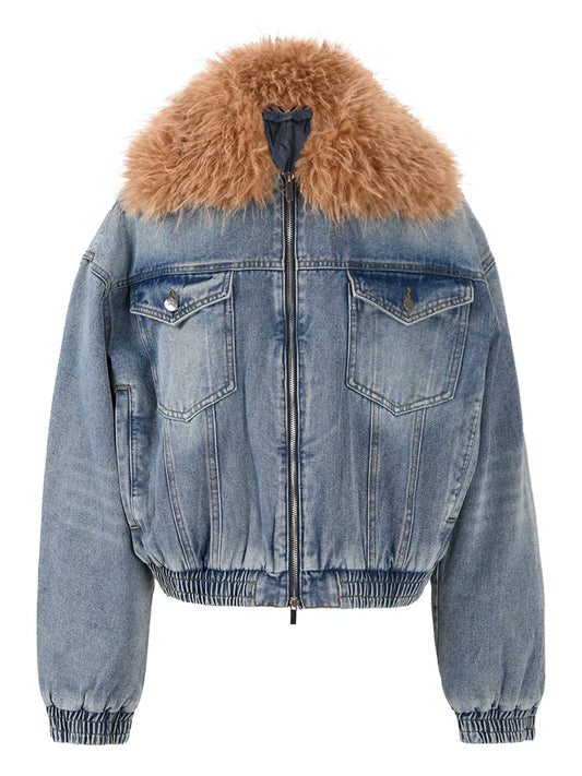 Faux Fur Collar Denim Double Zipper Long Sleeve Thick Warm Short Coat