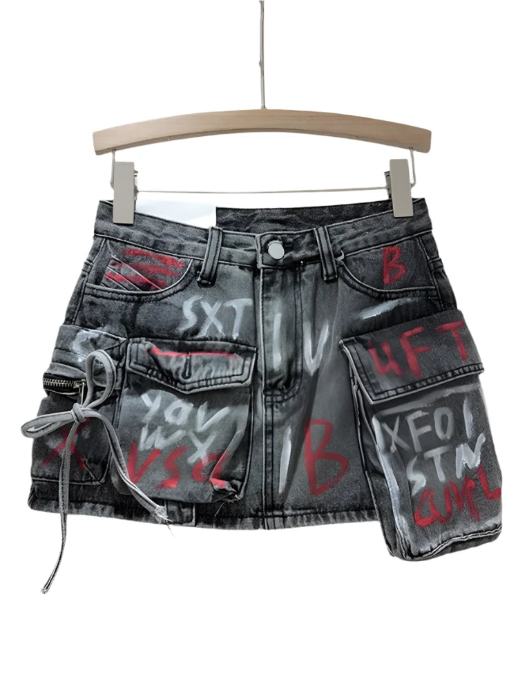 Denim Hand-Painted Graffiti Letters Cargo Short Mini Skirt